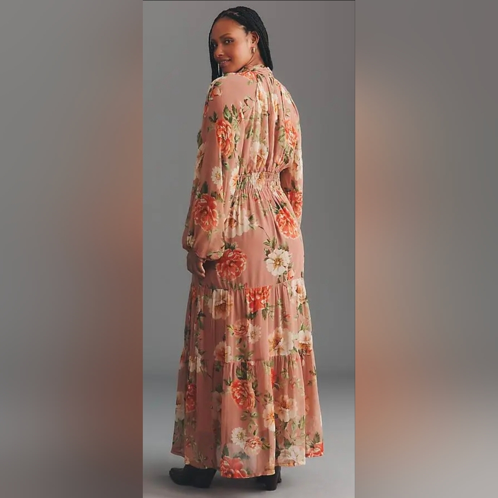 Anthropologie Somerset Long Sleeve Mock Neck Chiffon Pink Floral Maxi Dress - Picture 5 of 16